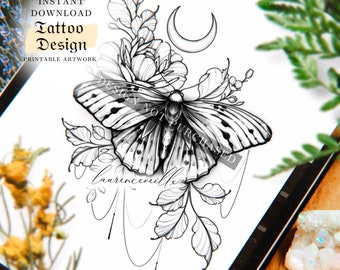 May include: A black and white line art tattoo design of a butterfly with floral accents and a crescent moon. The design is labeled "Instant Download Tattoo Design, Printable Artwork".