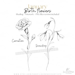 January Birth Month Flower | Carnation Snowdrop | Line Art Tattoo Stencil | Personalized Family Kids Mom Dad Grandma Birth Flowers Bouquet