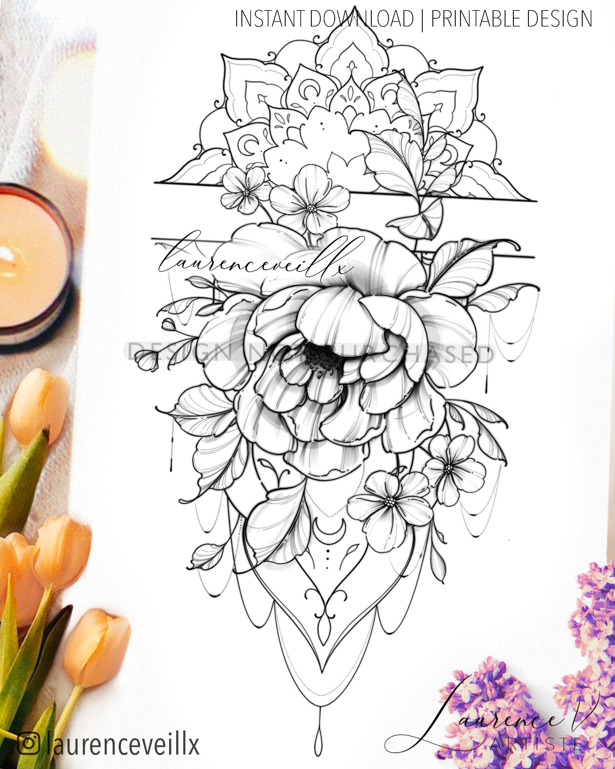 Instant Download Tattoo Design Peony and Mandala Tattoo Etsy