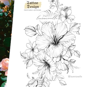 Tattoo-Design-Ideen für Frauen | Laden Sie Zeichnungsschablonen-Umriss | herunter Hibiskus Plumeria Monstera Tropische Blume | Ärmel-Oberschenkel-Hüft-Tattoo