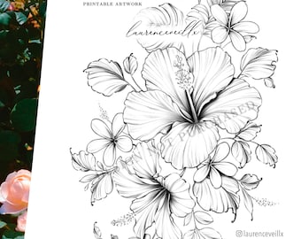 Tattoo Design Ideas for Women | Download Drawing Stencil Outline | Hibiscus Plumeria Monstera Tropical Flower | Sleeve Thigh Hip Tattoo