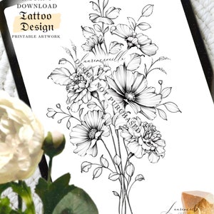 Peut inclure: Dessin de tatouage en noir et blanc d'un bouquet de fleurs. Les fleurs sont dessinées dans un style réaliste et comprennent des cosmos, des œillets et d'autres fleurs.