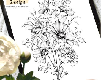 October Birth Flower Tattoo Design for Women | Tattoo Drawing Stencil Outline | Ready to Download | October Marigold Cosmos Flower Bouquet