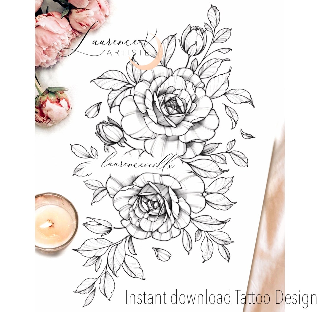Instant Download Tattoo Design Roses and Leaves Tattoo Printable ...