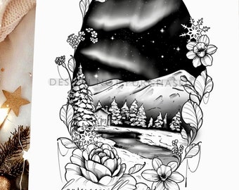 Diseño de tatuajes| Descarga instantánea| Paisaje Auroras boreales| Plantilla de tatuajes