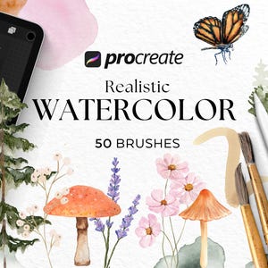 May include: A set of 50 realistic watercolor brushes for Procreate, featuring a variety of brush strokes and textures. The image shows a variety of brush strokes, including a mushroom, flowers, and a butterfly.