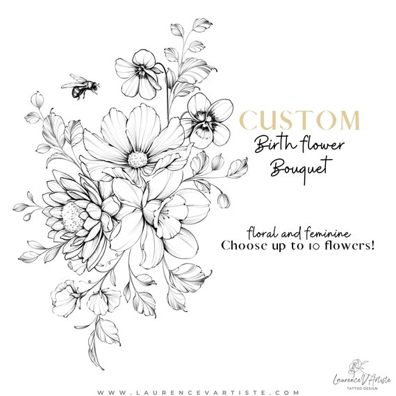 Custom Birth Month Flower Bouquet No Stem | Line Art Tattoo | Personalized Family Kids Grandma Birth Flowers | Gift Fathers | DIGITAL DESIGN