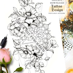 May include: Black and white line art tattoo design featuring a mandala, flowers, and vines. The design is perfect for a floral tattoo.