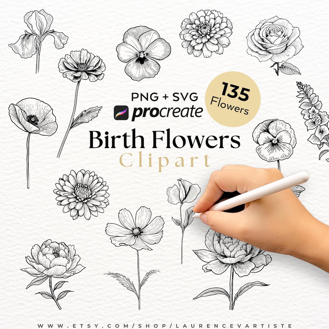 Birth Flowers PNG SVG | Procreate Tattoo Brushes Stamps | Birth Month ...