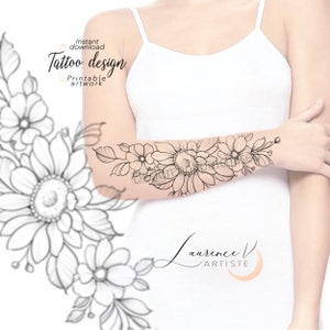 Tattoo Design | Instant Download | Sunflower and Small Flowers | Printable Tattoo Stencil