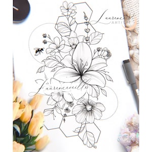 Tattoo Design | Instant Download | Lily, Flowers and Bee | Printable Tattoo Stencil