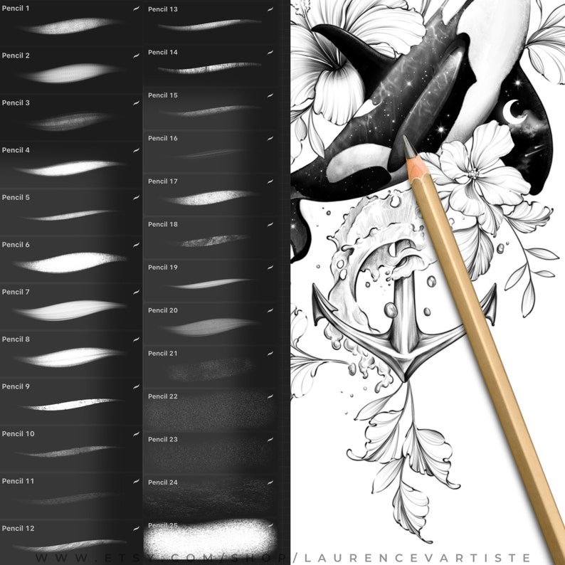 Puede incluir: Un conjunto de 24 pinceles digitales de l&aacute;piz para usar en programas de arte digital. Los pinceles se muestran sobre un fondo negro con un borde blanco. Los pinceles est&aacute;n numerados del 1 al 24. Los pinceles est&aacute;n dise&ntilde;ados para imitar el aspecto de los trazos de l&aacute;piz tradicionales.