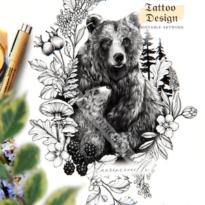 Design de tatuagem para mulheres | Idéias para arte de tatuagem de flores silvestres de filhote de urso de mamãe | Estêncil de meia manga para encobrimento coxa quadril antebraço | Bilhete de tatuagem