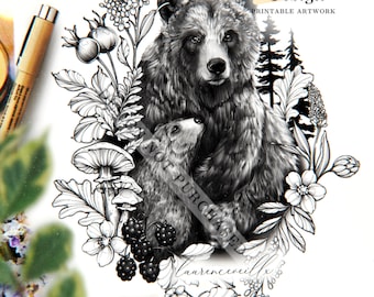 May include: Black and white line art tattoo design of a bear and a cub surrounded by flowers, berries, and mushrooms. The design is labeled "Instant Download Tattoo Design Printable Artwork".