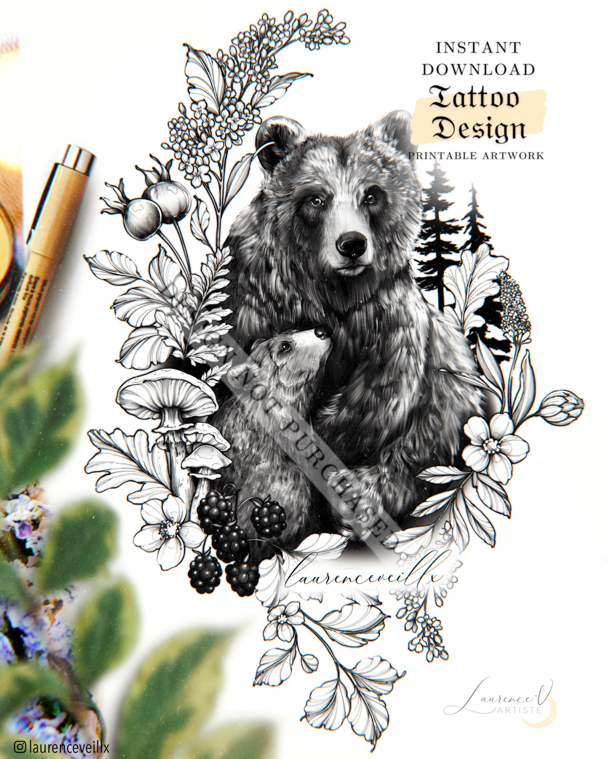 Tattoo Design for Women Mama Bear Cub Animal Wildflower - Etsy Hong Kong