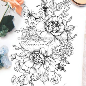 Design de tatouage | Téléchargement instantané | Pivoines, hydrangeas et papillon | Tattoo Stencil