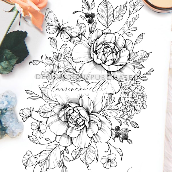 Tattoo Design | Instant Download | Peonies, Hydrangeas and Butterfly | Tattoo Stencil