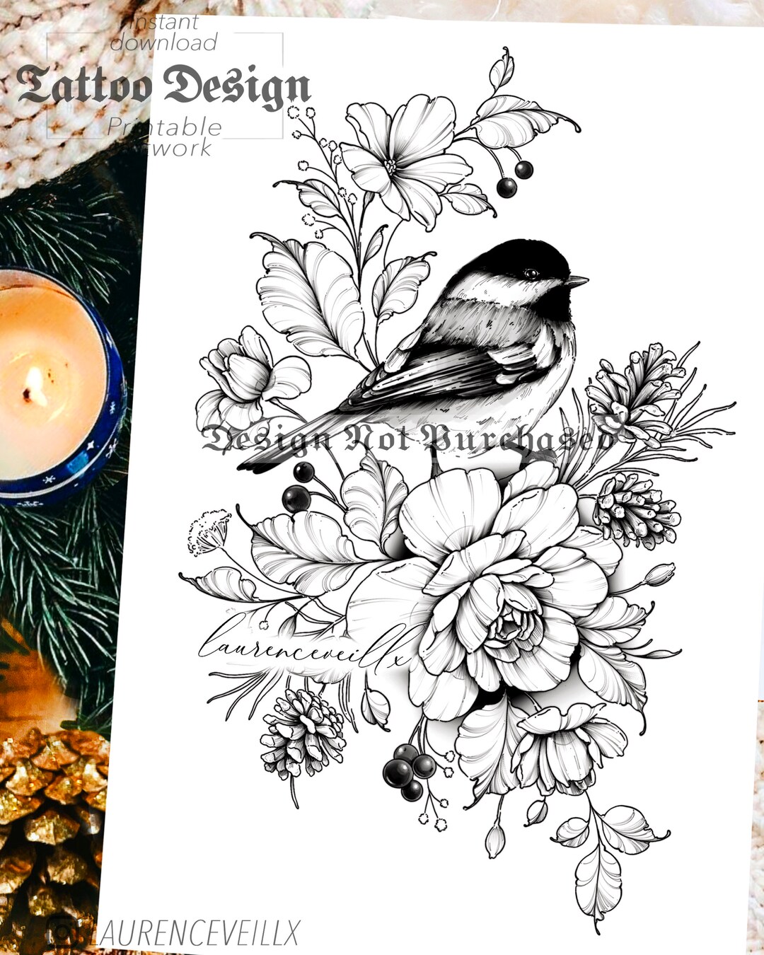 tattoo-design-instant-download-bird-roses-and-branches-tattoo-stencil-etsy