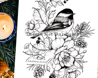Tattoo Design | Instant Download | Bird Roses and Branches | Tattoo Stencil
