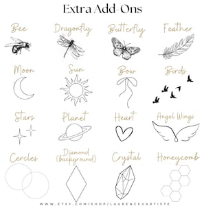 May include: A black and white graphic design sheet with various illustrations of add-ons for a product. The add-ons include a bee, dragonfly, butterfly, feather, moon, sun, bow, birds, stars, planet, heart, angel wings, circles, diamond, crystal, and honeycomb.