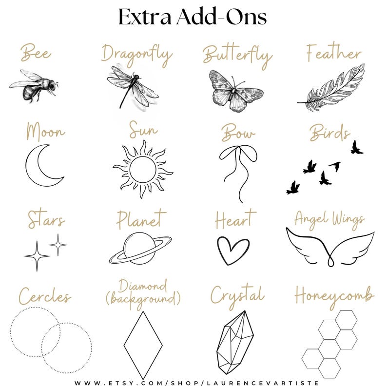 May include: A black and white graphic design sheet with various illustrations of add-ons for a product. The add-ons include a bee, dragonfly, butterfly, feather, moon, sun, bow, birds, stars, planet, heart, angel wings, circles, diamond, crystal, and honeycomb.