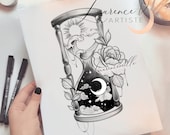Hourglass Tattoo Design for Women | Sun Moon Hourglass Flower Floral Tattoo Drawing Stamps | Female Tattoo Design Stencil Flash Outline