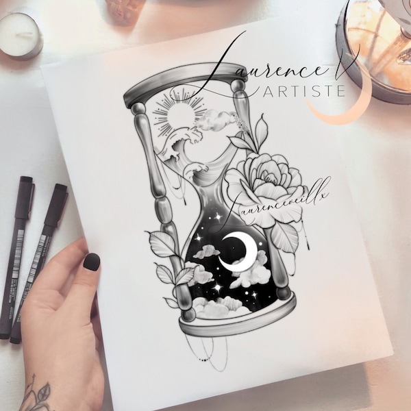 Design de tatouage | Téléchargement instantané | Sablier Soleil Lune et Fleurs | Tattoo Stencil imprimable