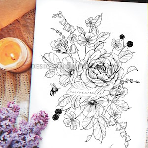 Desenho de tatuagem | Download instantâneo | Flores silvestres e abelhas | Estênceis de tatuagem