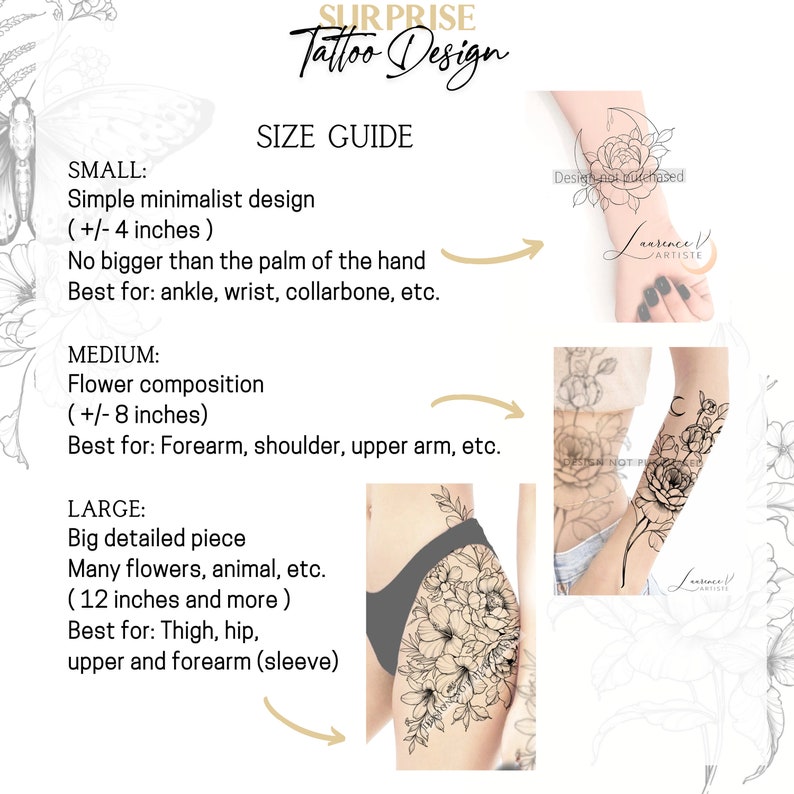 Puede incluir: Una gu&iacute;a de tallas para dise&ntilde;os de tatuajes con tres tama&ntilde;os diferentes: peque&ntilde;o, mediano y grande. La gu&iacute;a incluye una descripci&oacute;n de cada tama&ntilde;o y la mejor ubicaci&oacute;n para cada tama&ntilde;o. La imagen tambi&eacute;n incluye tres ejemplos de dise&ntilde;os de tatuajes.