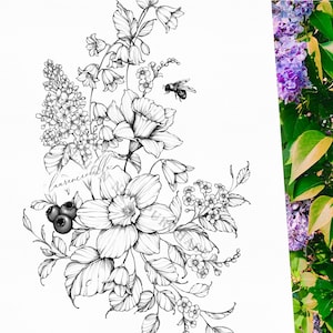 Tattoo Design Ideas for Women | Download Drawing Stencil Outline | Daffodil Lilac Forget-Me-Not Bee | Birth Flower | Sleeve Thigh Hip Tattoo