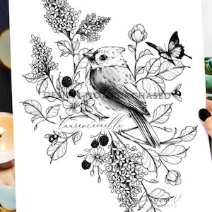 Desenho de tatuagem | Download instantâneo | Pássaro Lilás e Abelhas | Estênceis de tatuagem