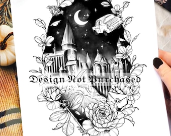 Instant download Tattoo Design | Wizard school, flying key and roses | Printable Stencil Template