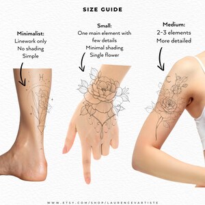 Pode incluir: Um guia de tamanhos para designs de tatuagem com tr&ecirc;s categorias: Minimalista com linhas, Pequeno com uma flor e M&eacute;dio com 2-3 elementos detalhados. O texto inclui SIZE GUIDE e www.etsy.com/shop/laurenceartiste.