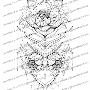 Peut inclure: Un dessin au trait noir et blanc d'un motif floral avec des pivoines et des détails complexes. Le motif présente un motif répétitif de feuilles et de fleurs, avec un motif central d'une grande pivoine.