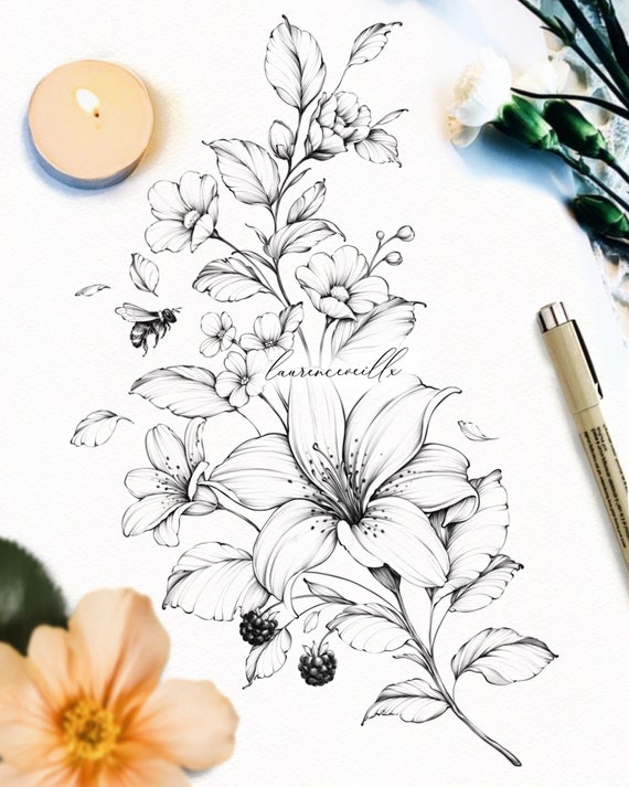Floral tattoo design stencil