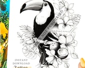 Toucan Tattoo Design Women | Parrot Bird Animal Flower Tattoo Drawing | Tattoo Art Stencil Flash Outline | Printable Female Tattoo Design