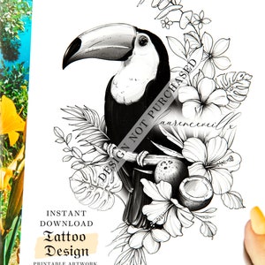 Parrot Tattoo Design | Printable Toucan Animal Tattoo Stencil | Instant Digital Download | Hibiscus Flower Tropical Tattoo | Fine Line Art