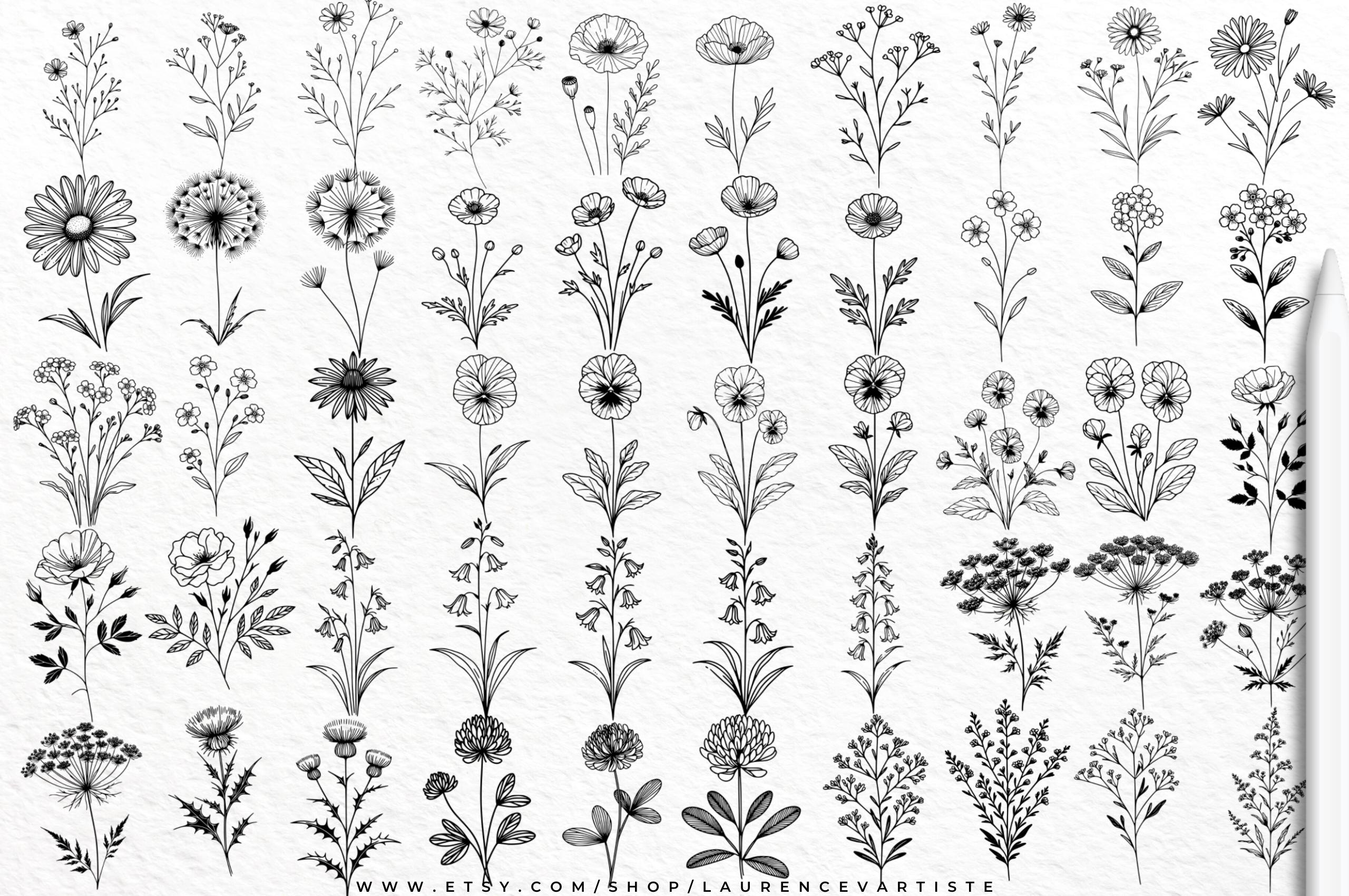 100 Wildflower Procreate Tattoo Brushes Stamp PNG SVG Bundle | Flower ...