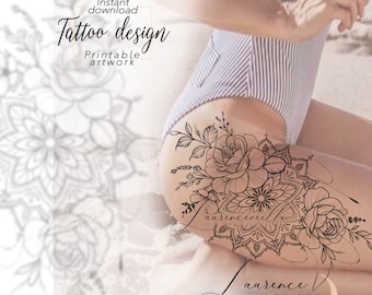 May include: A black and white line art tattoo design featuring a rose and mandala. The design is on a person's hip and includes the text "Laurence V. Artiste".