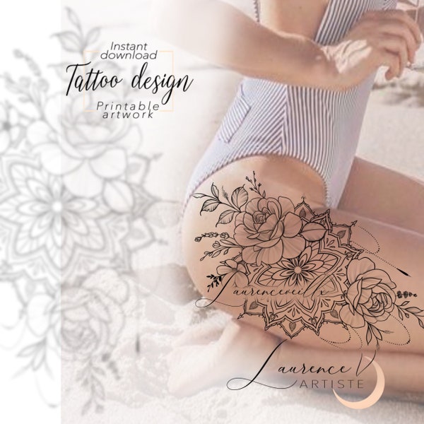 Tattoo design imprimable | Fleurs Mandala Ornemental | Design de tattoo numérique, motif floral féminin, dessin tatouage unique pour femme