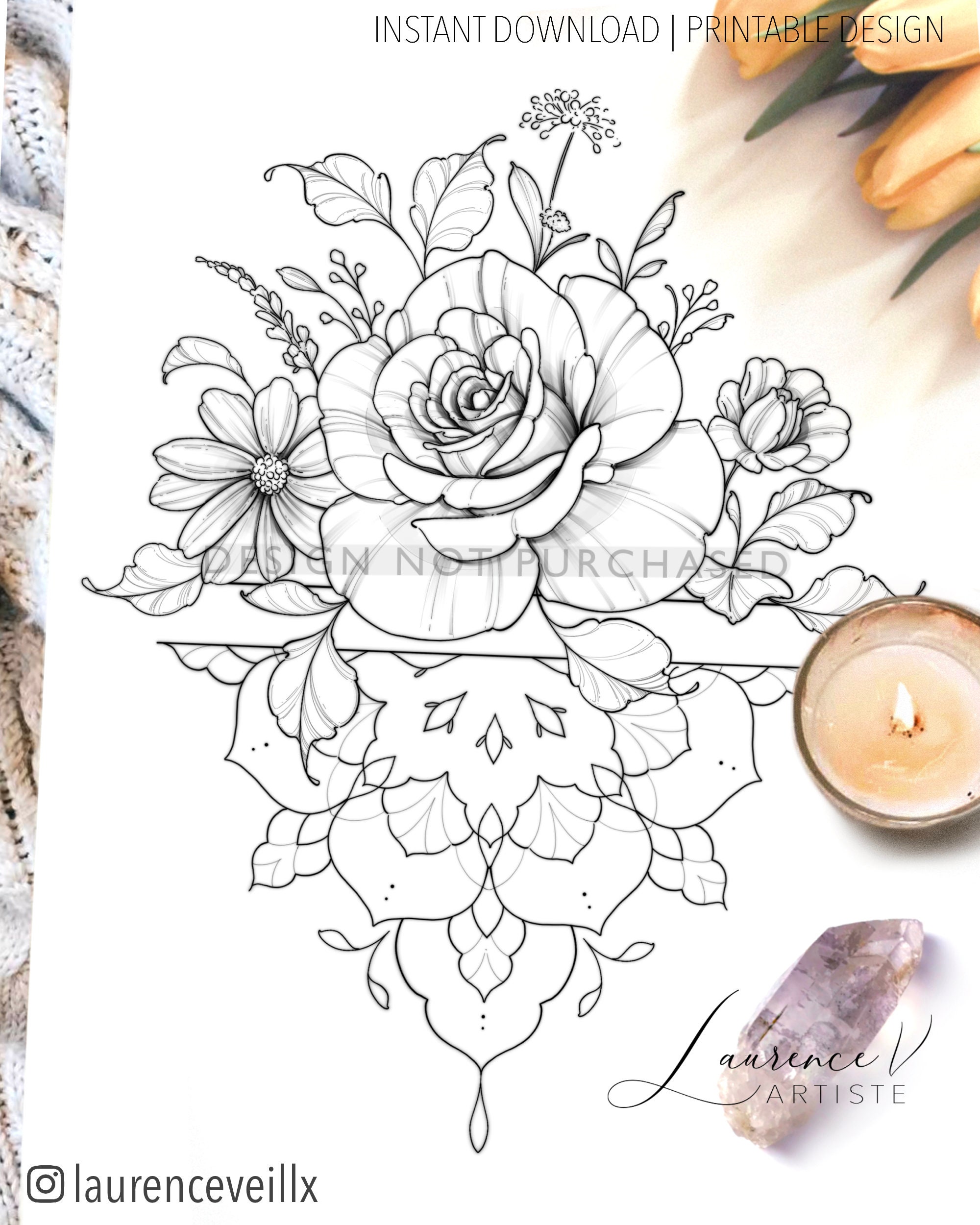 20 Sheets Black Mandala Temporary Tattoo Rose Henna Flower Design Petal  Leaf Sketch Words Fake Tattoo Sticker for Cool Women Lady Girls Body Art  on Back of hand Finger Arm Clavicle Waterproof 