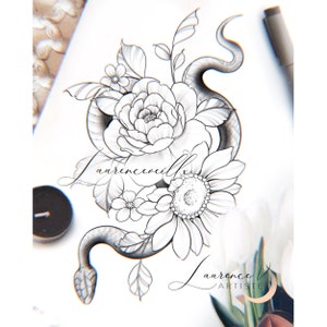 Tattoo Design | Instant Download | Snake Peony and Sunflower | Printable Tattoo Stencil