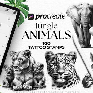 Puede incluir: Una ilustración digital de 100 sellos de animales de la jungla en blanco y negro para Procreate. La imagen muestra un león, un leopardo, una cebra y dos elefantes. El texto "Jungle Animals 100 Tattoo Stamps" se muestra en la imagen.