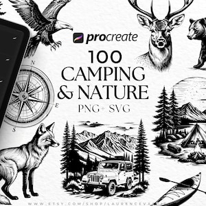 Camping Naturaleza Bosque Montañas Svg Png | Paquete de pinceles y sellos para Procreate | Vida en furgoneta, senderismo, pesca, kayak, tatuajes de animales | Archivos de corte Cricut