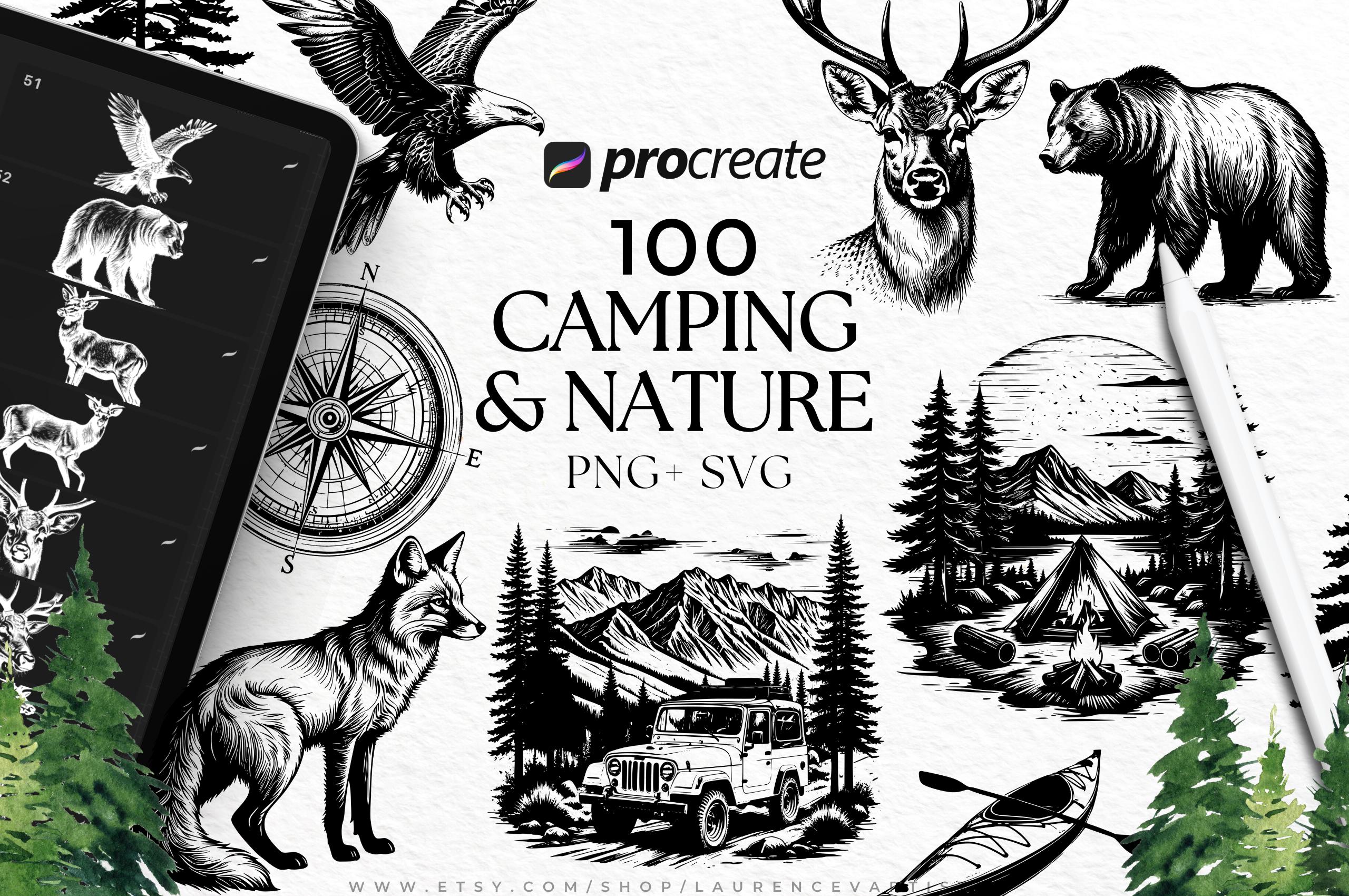 Camping Nature Forest Mountains Svg Png | Procreate Brushes Stamps Bundle | Van Life Hiking Fishing Kayak Animal Tattoo | Cut files Cricut
