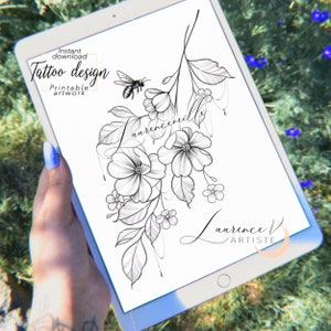 Tattoo Design | Instant Download | Bee and Flower Branch | Printable Tattoo Stencil