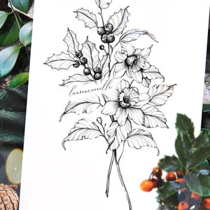 Ideas de diseño de tatuajes para mujeres / Descargar Esquema de plantilla de dibujo / Flor de nacimiento de diciembre Narcissus Holly / Colocación femenina de media manga