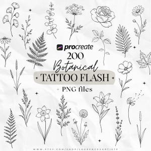 Könnte beinhalten: Eine Sammlung von botanischen Strichzeichnungen in Schwarzweiß mit verschiedenen Blumen, Blättern und Farnen. Der Text lautet Procreate 200 Botanical TATTOO FLASH + PNG files. Das Design ist auf einem weißen Hintergrund mit kleinen Sternen angeordnet.