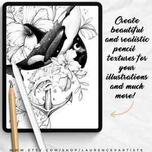 Puede incluir: Ilustraci&oacute;n digital en blanco y negro de una orca nadando a trav&eacute;s de una ola con una flor de hibisco y un ancla. El texto "Create beautiful and realistic pencil textures for your illustrations and much more!" est&aacute; escrito en la esquina superior derecha de la imagen.