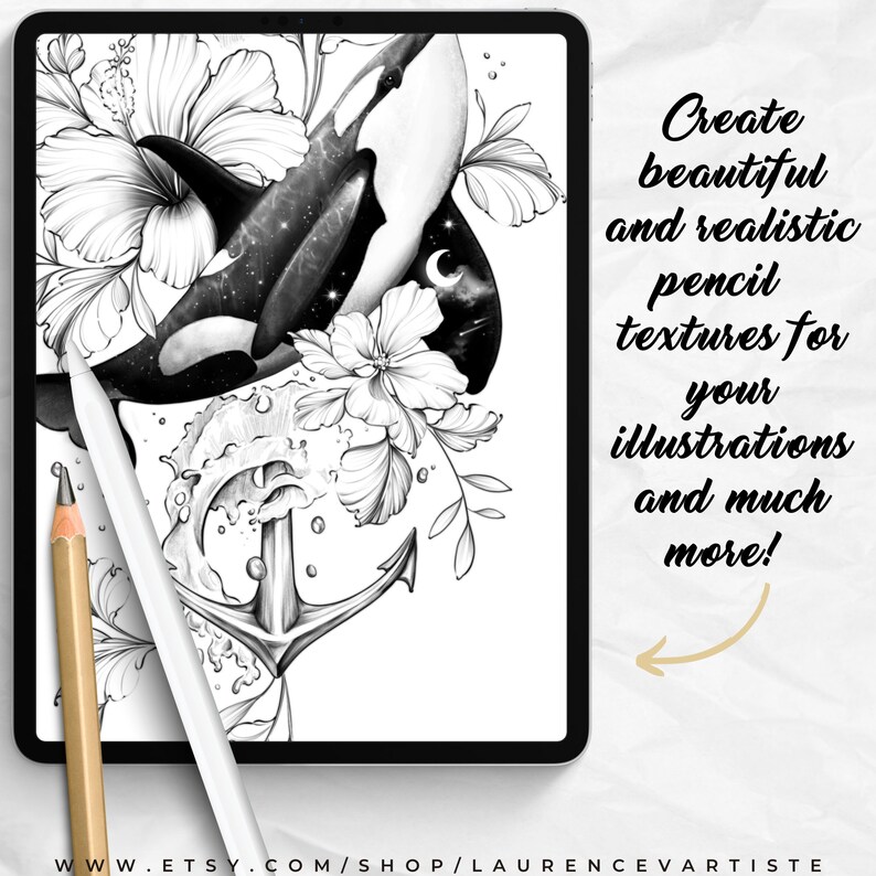 Puede incluir: Ilustraci&oacute;n digital en blanco y negro de una orca nadando a trav&eacute;s de una ola con una flor de hibisco y un ancla. El texto "Create beautiful and realistic pencil textures for your illustrations and much more!" est&aacute; escrito en la esquina superior derecha de la imagen.